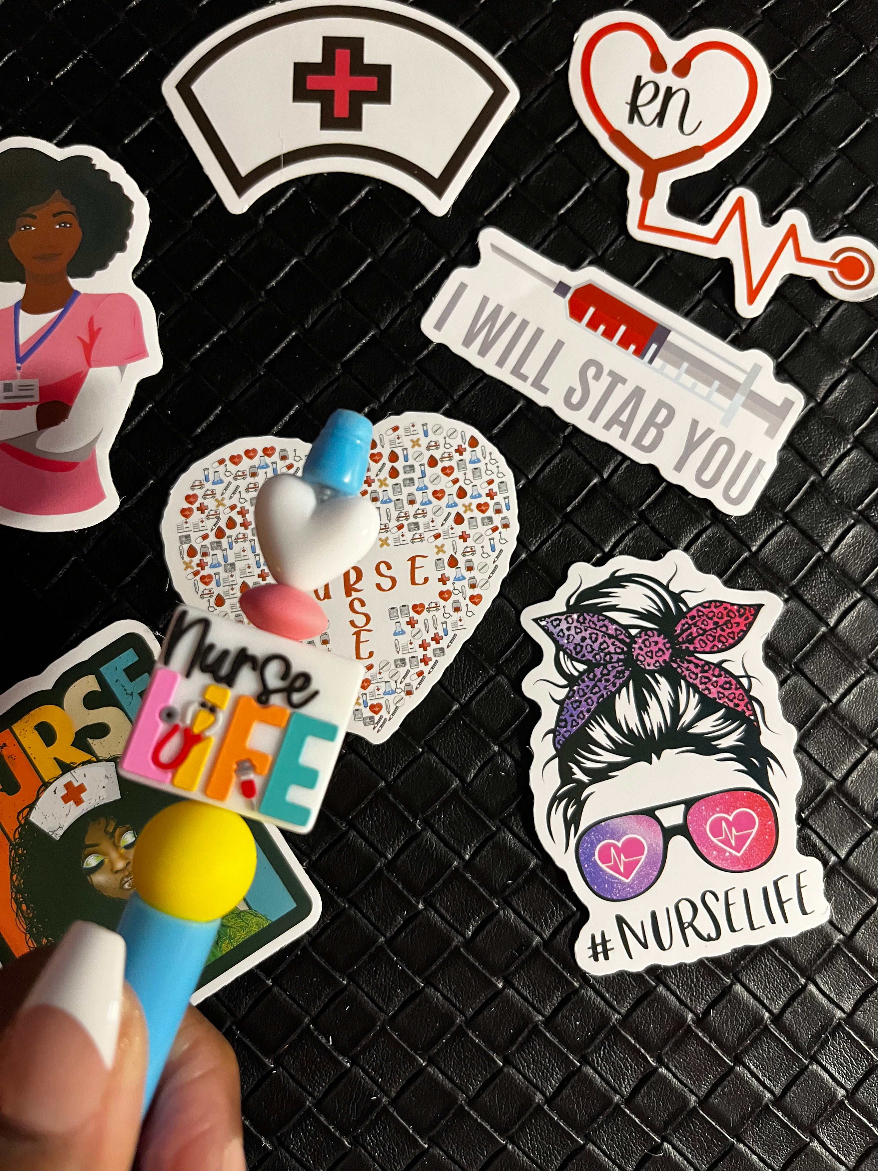 Nurse Life Custom Made Beaded Pens - Medical Nurse Focal Pens and Stickers, Waterproof Nurse Stickers