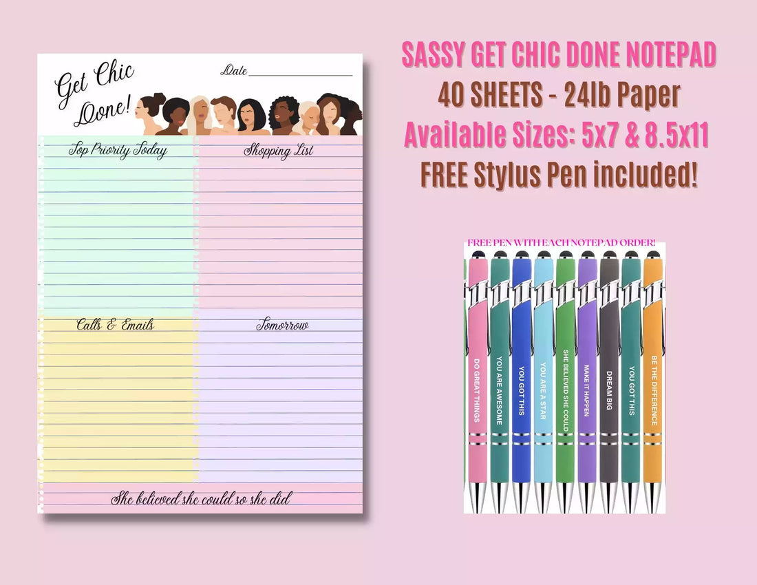 Sassy To Do List Notepad, Get Chic Done Notepad, Daily Organizer, Multicolor Notepad Planner, To Do List for Women, Free Bonus Stylus Pen