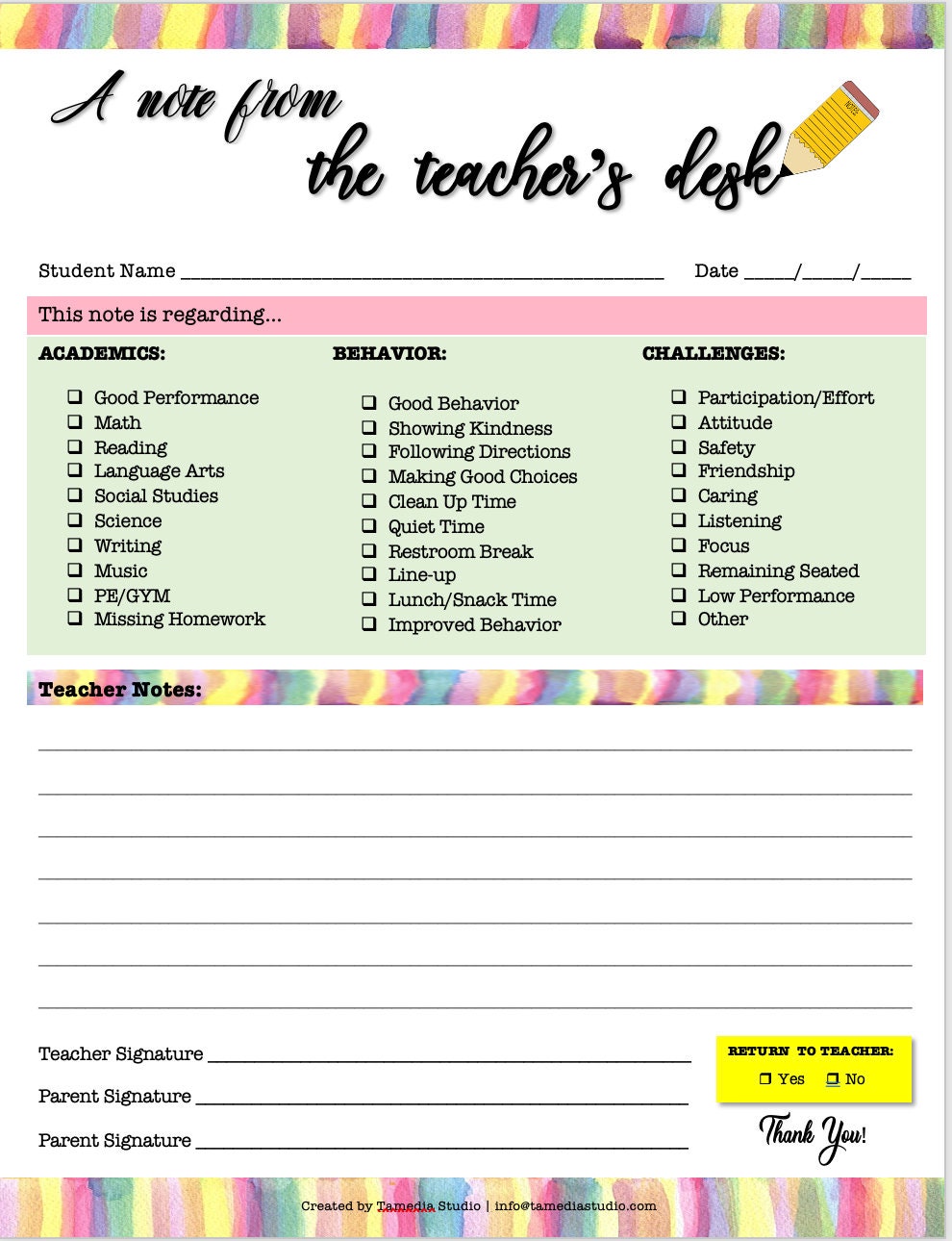 Teacher Stationery Notepad - Back to School | Note from Teacher | Personalized Teacher Notepad| Parent Communication