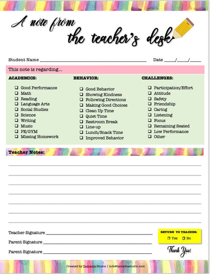 Teacher Stationery Notepad - Back to School | Note from Teacher | Personalized Teacher Notepad| Parent Communication