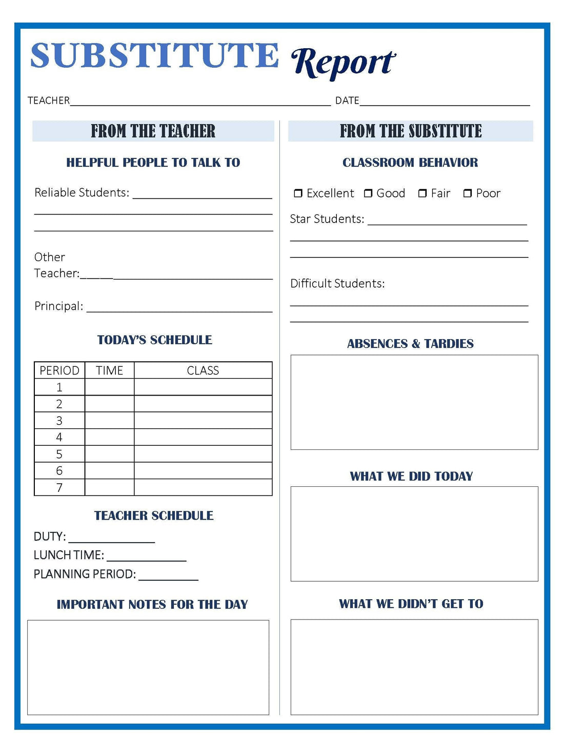 Substitute Teacher Report Form/Teacher Organization/Forms for Teachers/Substitute Teacher Feedback